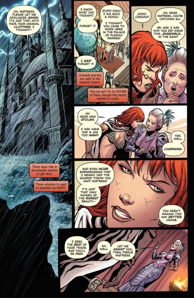 In the rain, Red Sonja arrives at an elaborate brothel in Red Sonja, drawn by Walter Geovani 