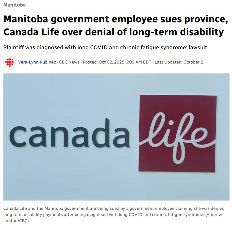 Manitoba
Manitoba government employee sues province, Canada Life over denial of long-term disability
Plaintiff was diagnosed with long COVID and chronic fatigue syndrome: lawsuit

Vera-Lynn Kubinec · CBC News · Posted: Oct 02, 2025 6:00 AM EDT | Last Updated: October 2
Canada Life is one of London, Ont.'s oldest companies starting out as London Life in the 1870s.
Canada Life and the Manitoba government are being sued by a government employee claiming she was denied long term disability payments after being diagnosed with long COVID and chronic fatigue syndrome. (Andrew Lupton/CBC)