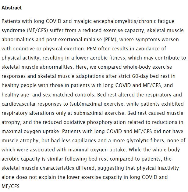 Abstract
Patients with long COVID and myalgic encephalomyelitis/chronic fatigue syndrome (ME/CFS) suffer from a reduced exercise capacity, skeletal muscle abnormalities and post-exertional malaise (PEM), where symptoms worsen with cognitive or physical exertion. PEM often results in avoidance of physical activity, resulting in a lower aerobic fitness, which may contribute to skeletal muscle abnormalities. Here, we compared whole-body exercise responses and skeletal muscle adaptations after strict 60-day bed rest in healthy people with those in patients with long COVID and ME/CFS, and healthy age- and sex-matched controls. Bed rest altered the respiratory and cardiovascular responses to (sub)maximal exercise, while patients exhibited respiratory alterations only at submaximal exercise. Bed rest caused muscle atrophy, and the reduced oxidative phosphorylation related to reductions in maximal oxygen uptake. Patients with long COVID and ME/CFS did not have muscle atrophy, but had less capillaries and a more glycolytic fibers, none of which were associated with maximal oxygen uptake. While the whole-body aerobic capacity is similar following bed rest compared to patients, the skeletal muscle characteristics differed, suggesting that physical inactivity alone does not explain the lower exercise capacity in long COVID and ME/CFS