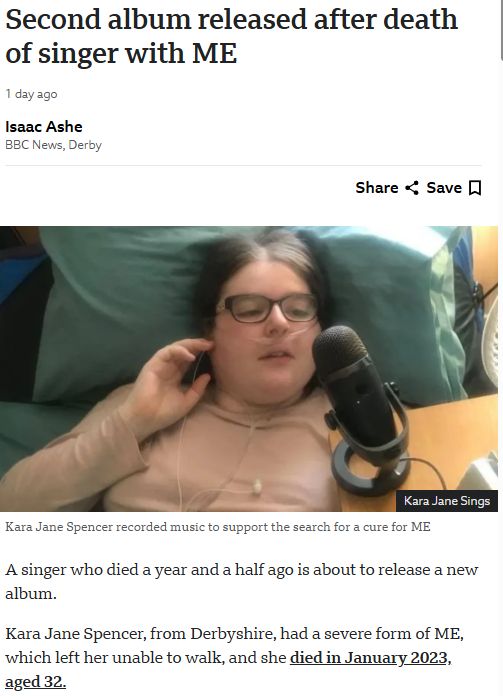 Second album released after death of singer with ME
1 day ago

Share

Save
Isaac Ashe
BBC News, Derby
Kara Jane Sings A woman lying in a bed with a small black microphone nearbyKara Jane Sings
Kara Jane Spencer recorded music to support the search for a cure for ME
A singer who died a year and a half ago is about to release a new album.

Kara Jane Spencer, from Derbyshire, had a severe form of ME, which left her unable to walk, and she died in January 2023, aged 32.