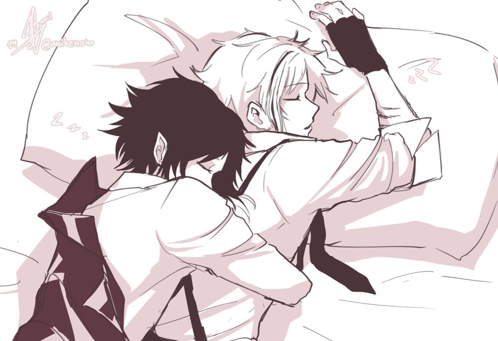 Akutagawa hugging atsushi while they're laying in bed and sleeping 