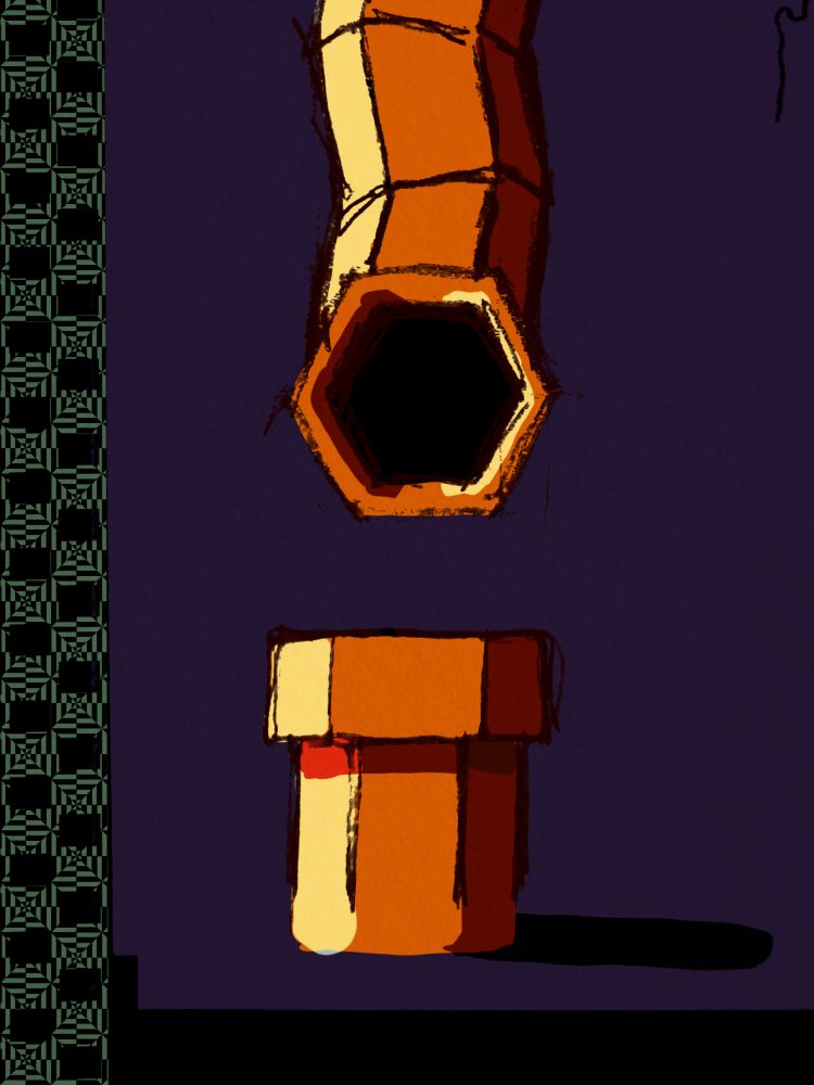 Drawing of orange warp pipes in a Paper Mario artstyle on a purple background with a green checkered pattern on the left