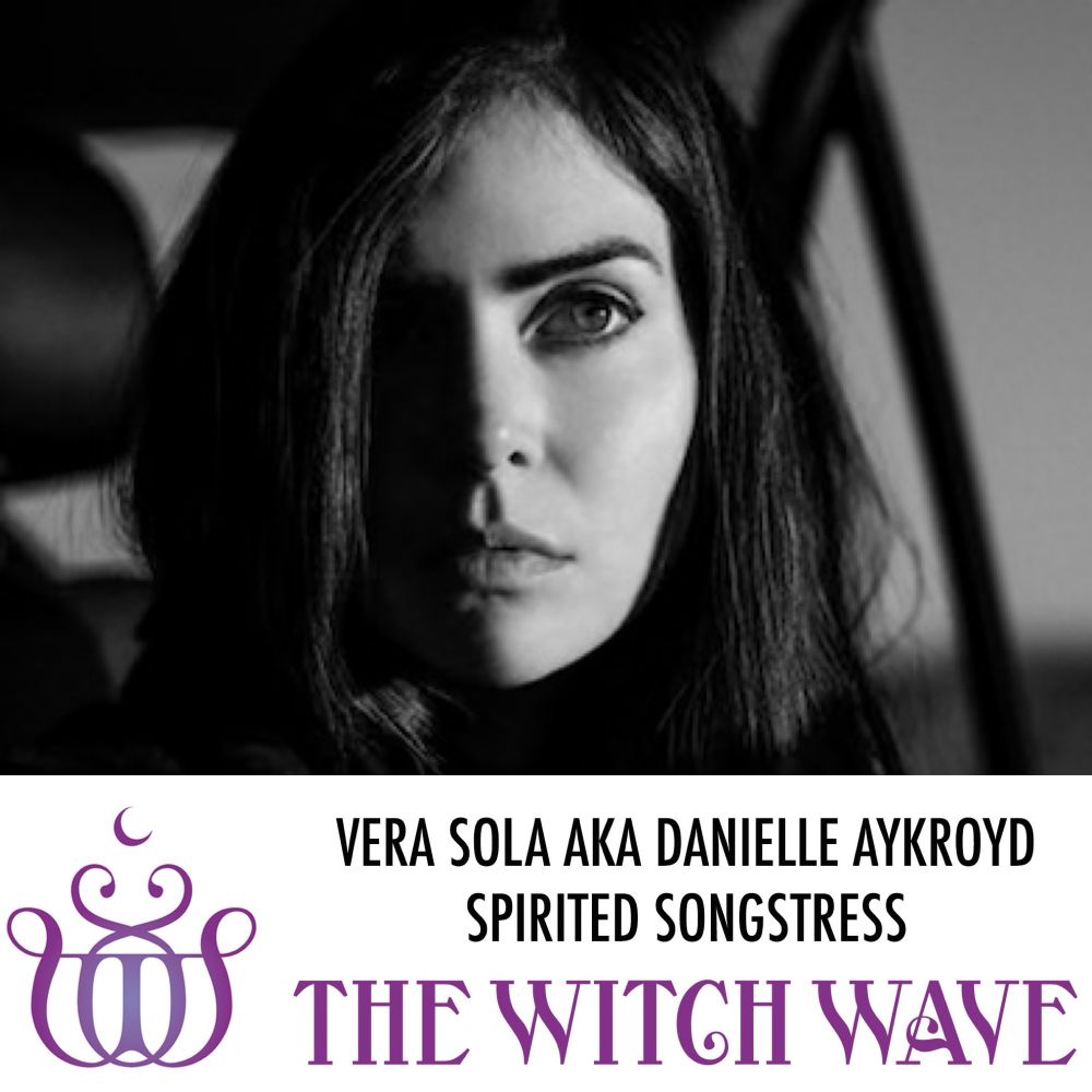 VERA SOLA AKA DANIELLE AYKROYD ON THE WITCH WAVE PODCAST. BLACK AND WHITE PHOTO OF THE ARTIST’S FACE
