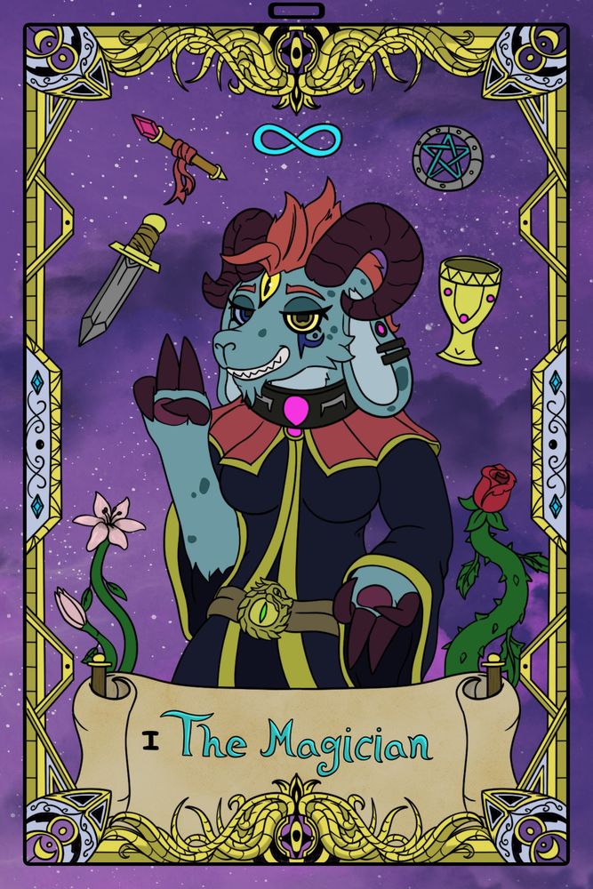 A goat wearing a dark robe with gold accents and a red frilled collar with gold accents, with a belt that has an Ouroboros belt buckle. They are doing the "As above, so below" pose. To their right, a lily, to their left, a rose. Above their head/shoulders are several objects: A sword, a wand, a cup, a pentacle, and an infinity symbol. The image represents the tarot card "The Magician."