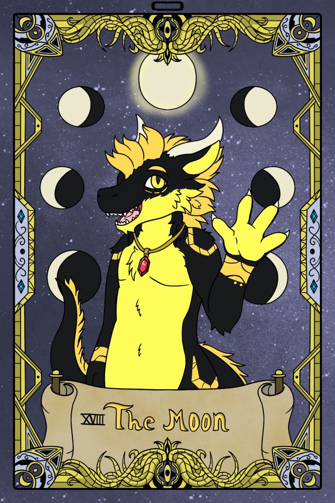 A black and yellow/gold dragon, holding their hand out. The phases of the moon surround them. They represent the tarot card "The Moon."