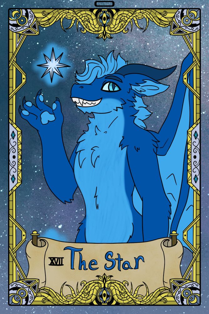 A blue fluffy dragon, holds their hand below a hovering star. They represent the tarot card "The Star"