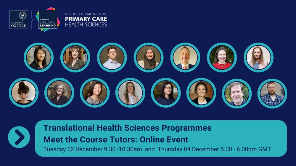 Informational graphic for the 'Meet the Course Tutors: Online Events' for the MSc in Translational Health Sciences. Text overlay reads 'Tuesday 02 December 9.30-10.30am and Thursday 04 December 5.00-6.00pm GMT'.