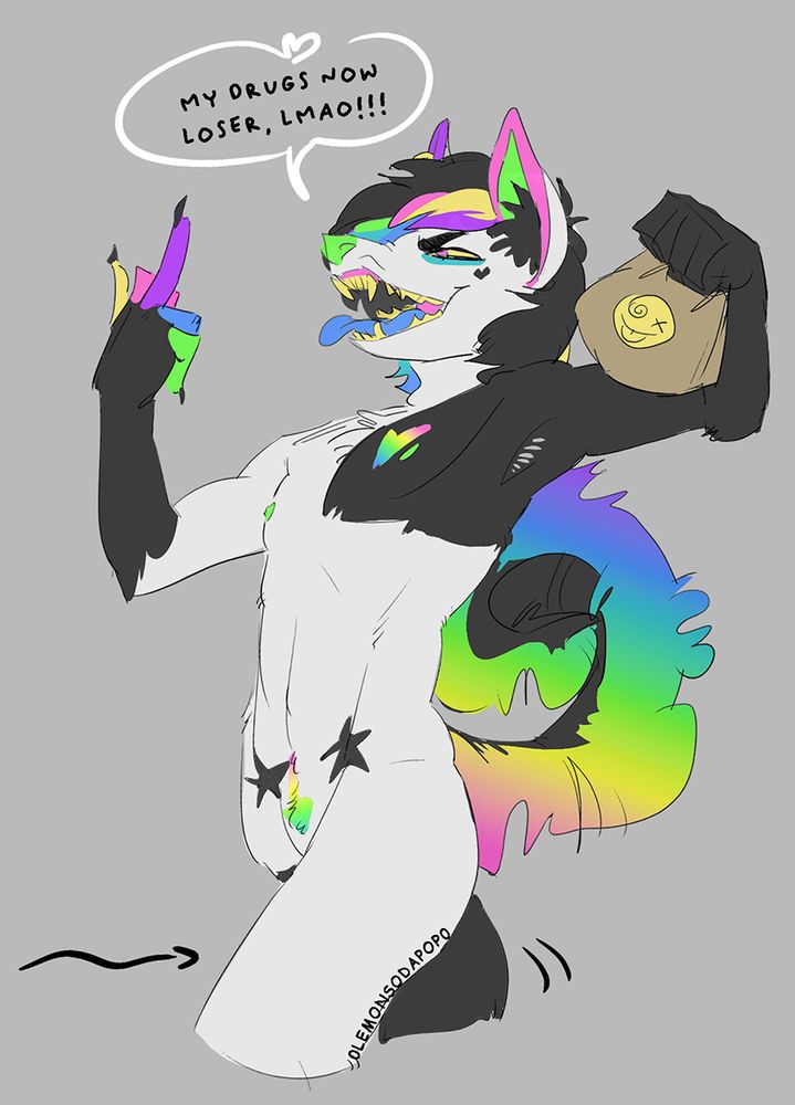 "My drugs now loser. Lamo!!!" Maniq yells, flipping off a fellow raver he found the stash of. His blue tongue sticks out with a sneer.