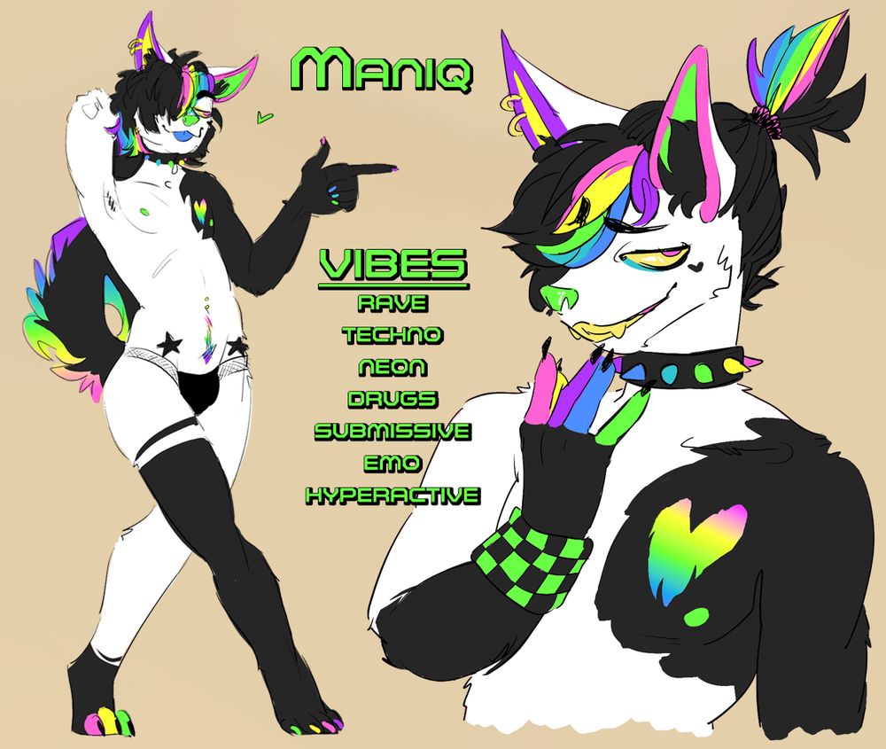 Maniq is a MarySue Sparkle Dog. This is a simple ref sheet made for ArtFight featuring a few vibes of his character.