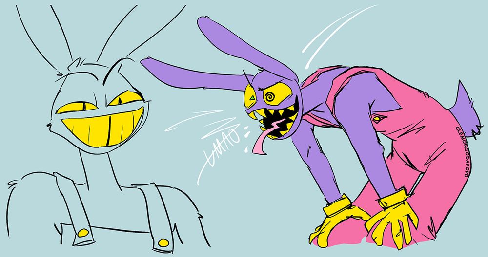 Two drawings of Jax. One smiling (left), one laughing with sharp teeth (right).