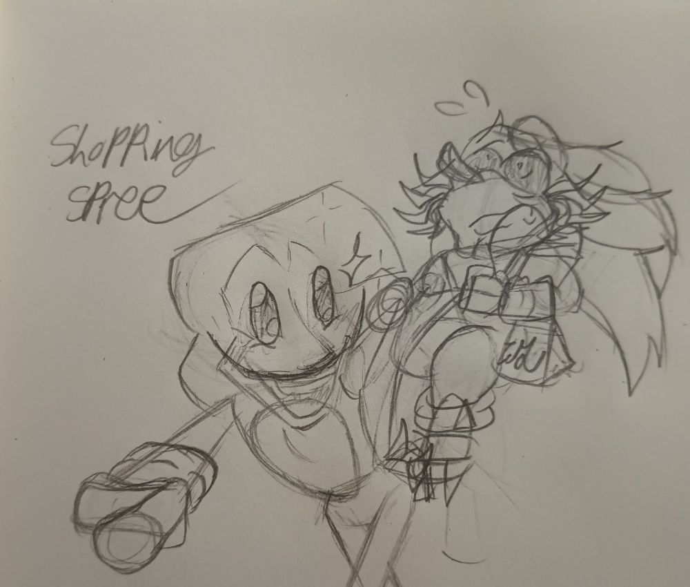 Majin and Lord X on a shopping spree, with Lord X holding a bunch of shopping bags and trying not to drop them 😅