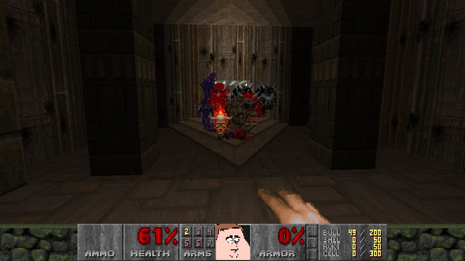 in map 1: Entryway, 4 cacodemons, 2 the standard red and the other deltarune woody theory, a lost soul, a pain elemental, and 2 nightmare imps stacked on each other are in the first room of the level