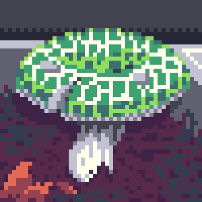 a pixel art drawing of a quilted green russula mushroom, a white and grey  mushroom with a green cap with darker green square spots patterned over it. it is inside a square enclosure filled with dirt.