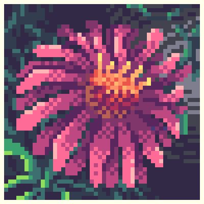 a pixel art drawing of a close up shot of an aster flower that looks pinkish purple with a green background 