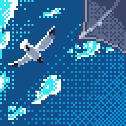 A pixel art drawing of a white bird flying in a big blue sky, there’s an umbrella overhead to the right 

#pixelart
