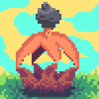 a pixel art drawing of an arched earthstar which has split open when it hits the point of maturity with a greyish fruit on top that spreads spores, it sits on top of green grass and a yellow and blue sky behind it