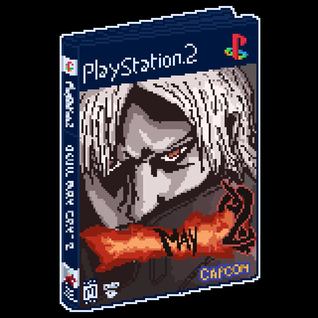a pixel art drawing of the devil may cry 2 boxart for playstation 2 edited so it only says 'may 2'