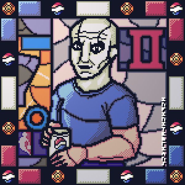 pixel art drawing of the casual quanchy picture of richard divizio still in his quan chi make up but wearing a blue tshirt and holding a diet pepsi can in a midway studios hallway looking lovingly toward the camera person. The pixel art is depicted in a style similar to stained glass.