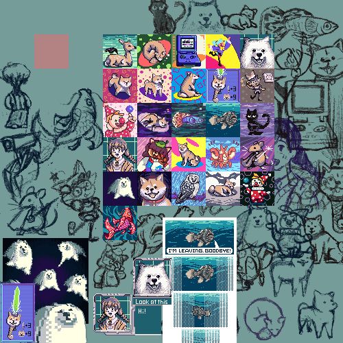 a clip studio paint canvas i've been using over the last few months for drawing 50x50 pixel art designs. there are numerous pencil sketches overlapping each other as well as a 5x5 box grid of completed 50x50 pixel art drawings. There are also bigger completed pixel pieces scattered around the bottom left. 