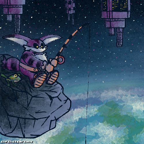 watercolor drawing of big the cat sitting on a asteroid fishing in space just outside of the final chase level from sonic adventure 2