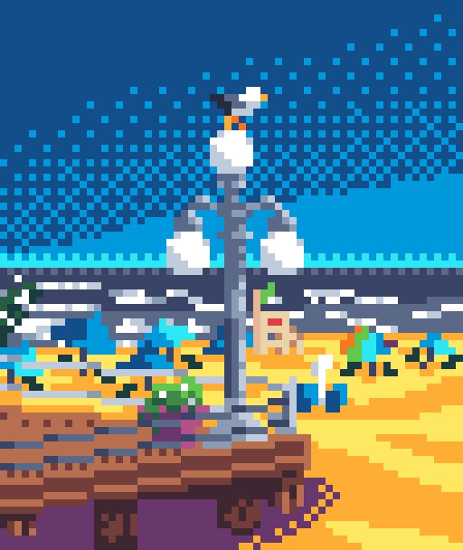 A pixel art drawing of a beach including the waves on the ocean, the sandy beach itself with umbrellas and lifeguard bleachers, and the boardwalk with a tall lantern with three glass bulbs and a seagull sitting on top of the middle one

#pixelart