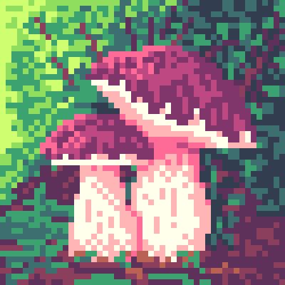 a pixel art drawing of two boletus edulis mushrooms, one bigger than the other with the smaller right under the cap of the other sitting in a lush forest setting