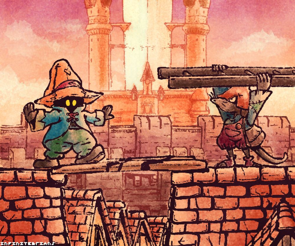 a watercolor drawing of final fantasy 9 showing the black mage vivi and the rat boy puck running across the rooftops of alexandria with the castle shown in the background 