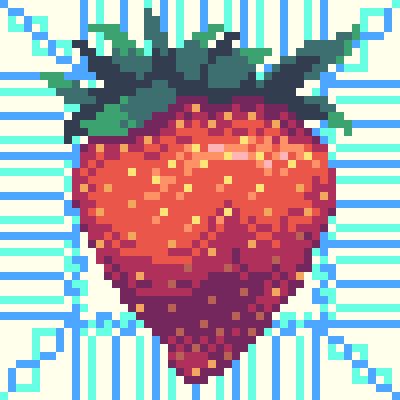 a pixel art drawing of a bright red strawberry behind it is a white background with a blue pattern