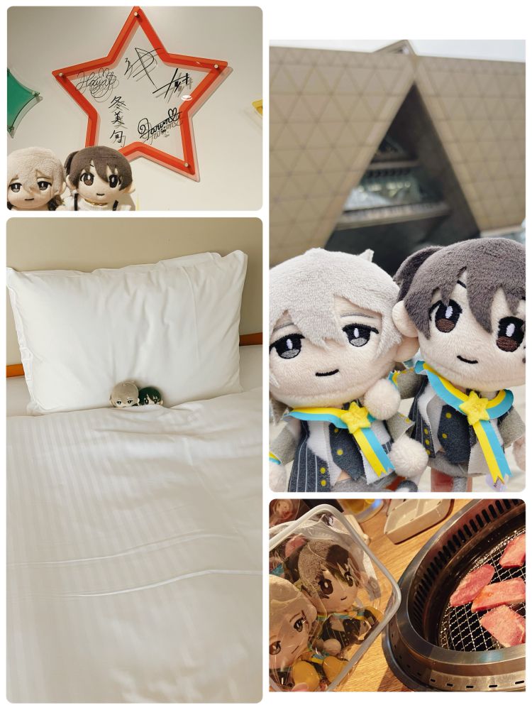 ハイジョのサインが書かれている星型のアクリルパネルを背景にしている ぱぺちゃ(なつき と じゅん)、ホテルのベッドの上にいる ぱぺちゃ(なつき と じゅん)、東京ビッグサイトを背景にしている ぱぺちゃ(なつき と じゅん)、焼肉を見守る はぺちゃ(なつき と じゅん) の写真が一枚の画像にまとめられています