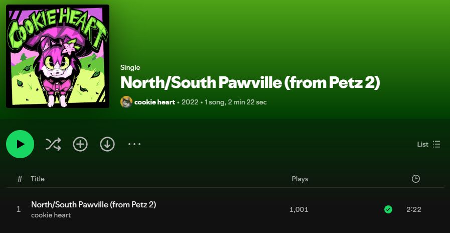 screenshot of spotify, the song "North/South Pawville (from Petz 2)" by cookie heart, showing 1001 plays.
