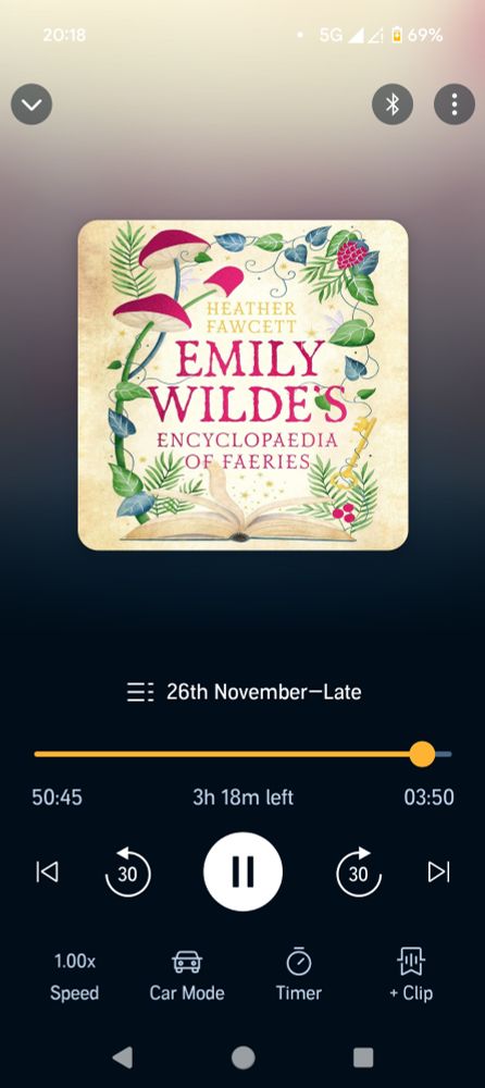 A screenshot of Heather Fawcett's Emily Wilde's Encyclopedia of Faeries. I am 75% of the way through and a lovely thing has just happened, hence the tweet!