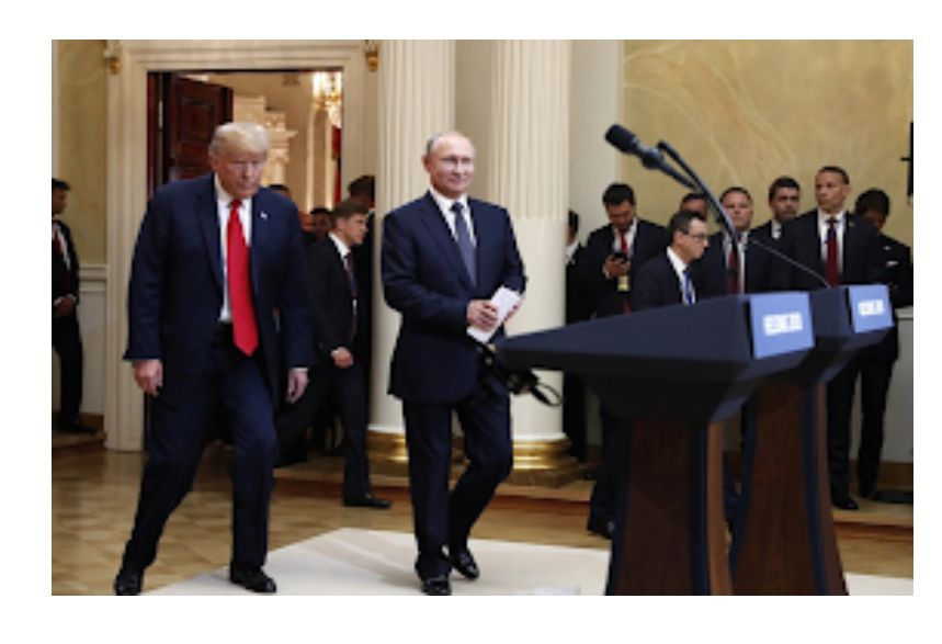 Trump displaying a defeated and subservient posture next to an upright and confident-looking Putin in Helsinki. 