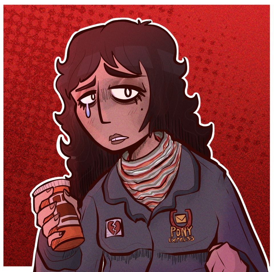 An illustration of Anya from the video game Mouthwashing. She's stylized, with big eyes and blank pupils, and a tear drop coming from her right eye. She is holding a pill bottle as she looks at the screen.