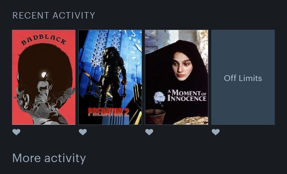 recent activity on letterboxd

Bad Black
Predator 2
A Moment of Innocence
Off Limits