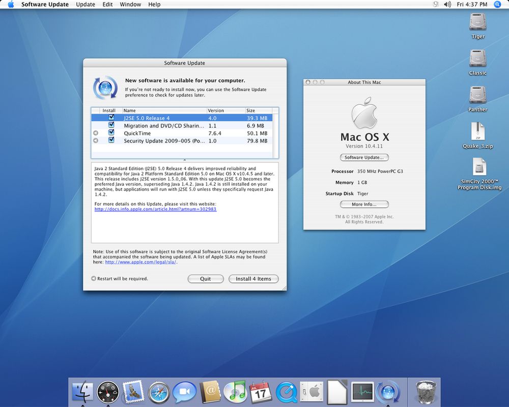 Screenshot showing the Software Update menu with updates available for Java and QuickTime. The About This Mac panel is also open, showing Mac OS X version 10.4.11 is running on a 350 MHz PowerPC G3 with 1GB RAM.