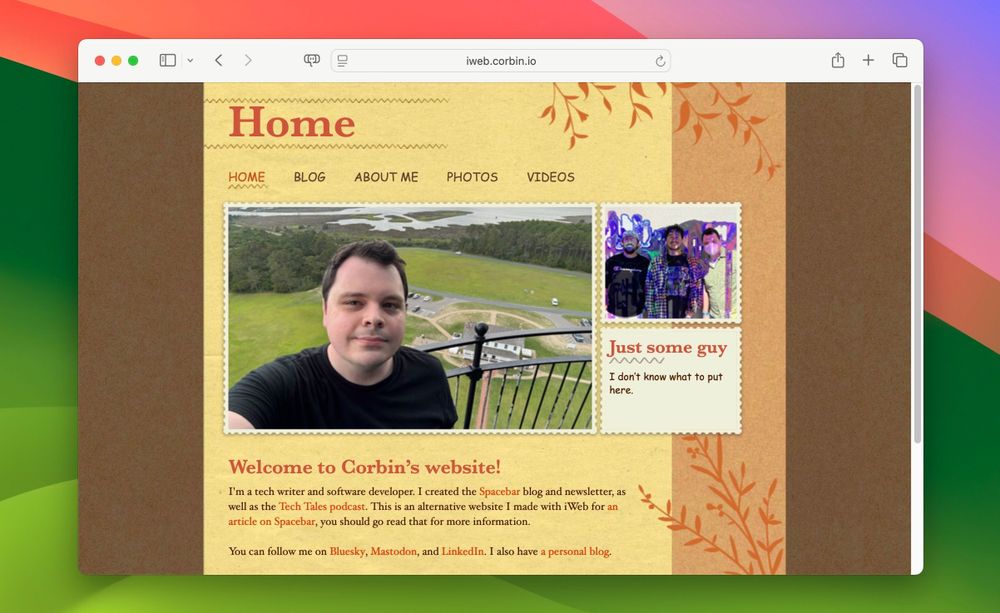 Screenshot of a personal website with an autumn theme in Safari.