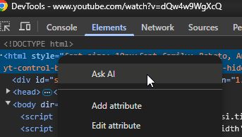 A screenshot of the Chrome Developer Tools, open to the Elements tab. The user has right-clicked on an element, and the very first entry at the top of the context menu reads "Ask AI".
