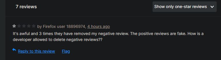 A review stating "It's awful and 3 times they have removed my negative review. The positive reviews are fake. How is a developer allowed to delete negative reviews??"