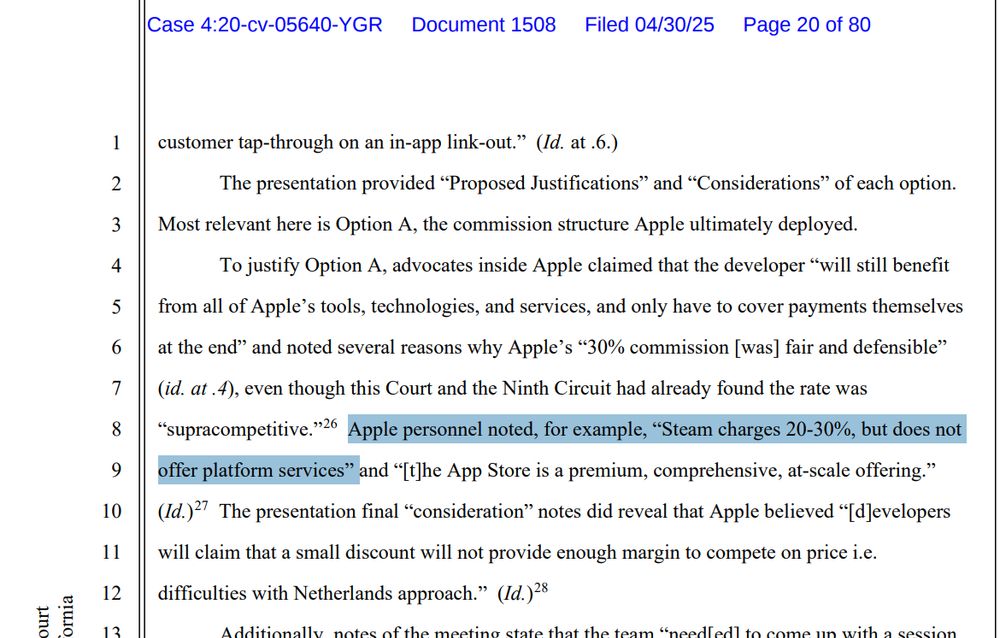An excerpt from page 20 of the Epic v Apple contempt order, with the following statement highlighted:

Apple personnel noted, for example, “Steam charges 20-30%, but does not offer platform services”