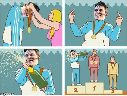 A four panel comic of a man winning a medal and celebrating, with it revealed in the last panel that he didn't get first place. This was edited to remove two panels that normally exist in the comic and to place Chrism's head on the man.