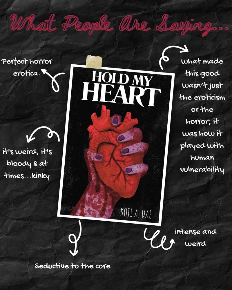 What people are saying... "perfect horror erotica", "it's weird, it's bloody & at times... kinky", "What made this good wasn't just the eroticism or the horror; it was how it played with human vulnerability", "intense and weird", "seductive to the core" 

Image of the cover of Hold My Heart: a illustrated hand holding a dripped heart. 