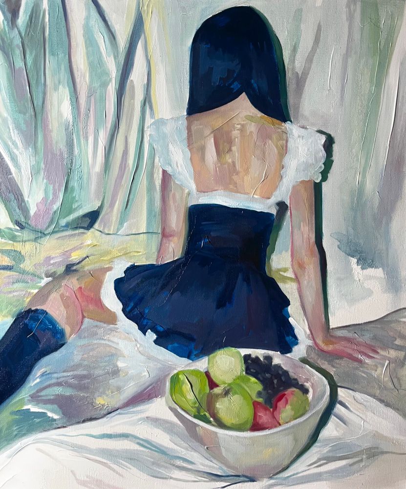 an oil painting of a girl in a black and white dress. she has her back to the viewer. in the foreground of the painting is a bowl of fruit, seemingly the main subject of the piece. the scene is surrounded by satin and drapery. 