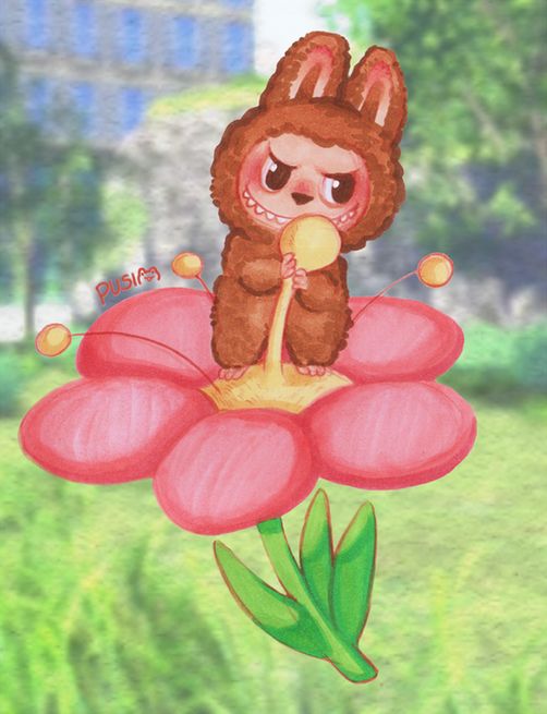 Drawing of brown Labubu, on top of red flower, the same Flabebe a pokemon uses to float around. 