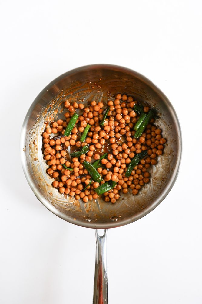 mongolian chickpeas cooking in pan.