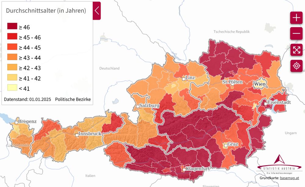 2025 Durchschnittsalter nach Bezirken: In Kärnten und Steiermark und Waldviertel über 46 Jahre. In allen übrigen Anstieg, Ausnahme Wien (von 41,4 auf 41,1)