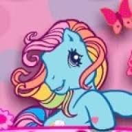 Blue my little pony with rainbow hair and pink background 