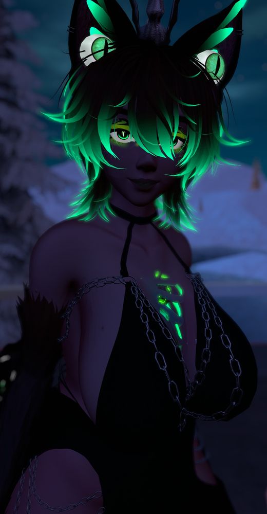 The cat enby looks at the viewer with a simple smug grin, acting seemingly confident with their trendy yet revealing dress.