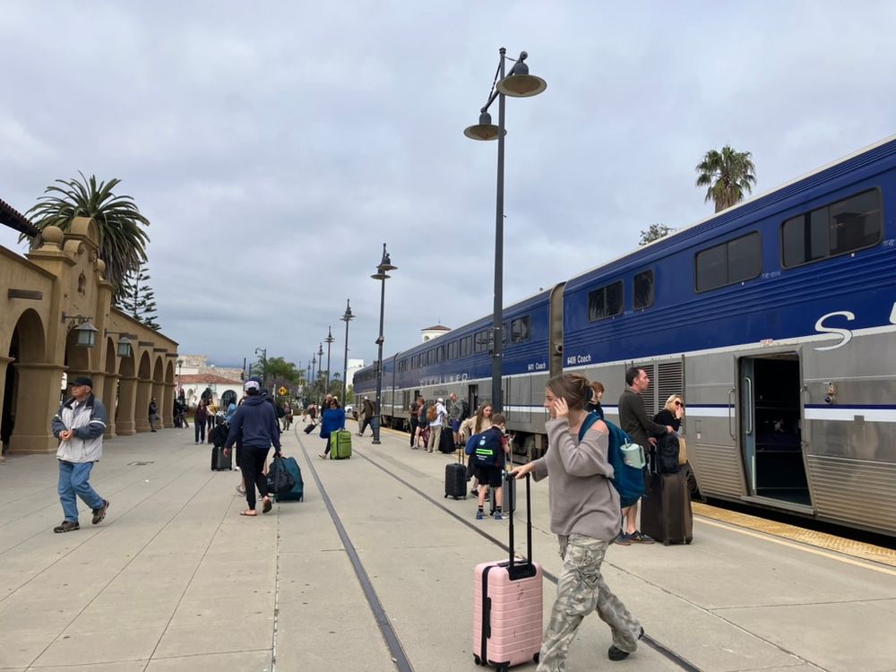 Present day view of Santa Barbara station platform looking south. Old warehouse building still stands and embedded track remains.