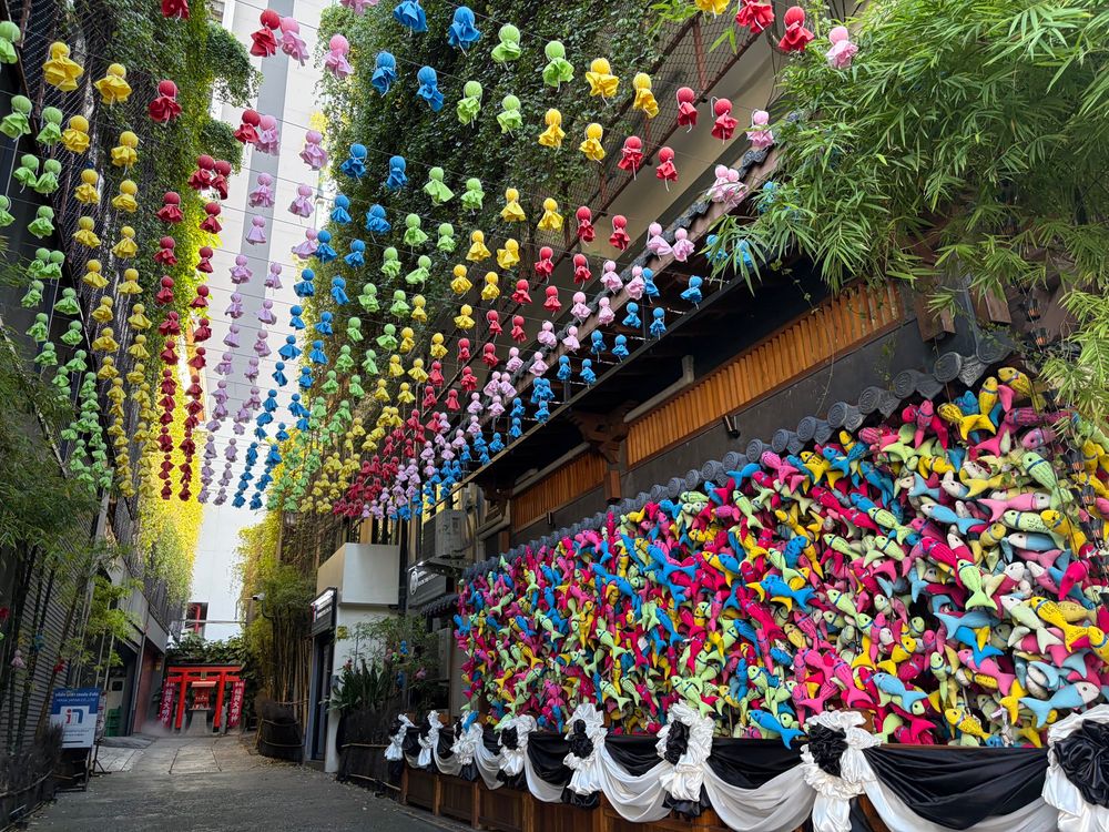 Colorful fish and dolls hanging from wall and overhead in alley next to shrine. Inari shrine at end.