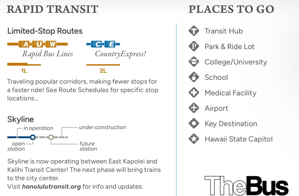Oahu TheBus system map legend showing A, U, W rapid bus lines and Skyline rail to Kalihi Transit Center, the next phase will bring trains to city center.